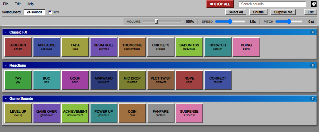 MSTech SoundBoard main window, showing several sections of colored sound buttons